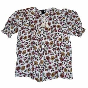 Aqua Floral Print Tie Neck Puff Sleeve Blouse Top Women's Size S Rayon